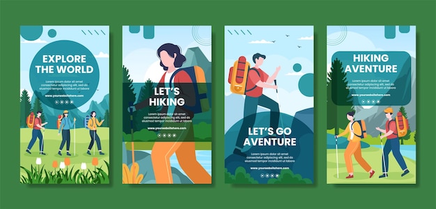 Hiking Mountain Social Media Stories Template Flat Cartoon Background Vector Illustration