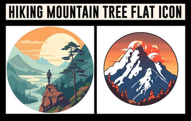 Hiking mountain tree icon vector set Hiking background vector Hiking flat Illustration