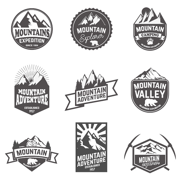 Hiking, mountains exploration labels and emblems. 