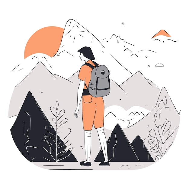 山を背景にバックパックを背負った平らなスタイルのハイキング