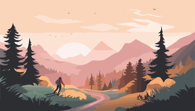 hiking in the mountains flat vector illustration cartoon style