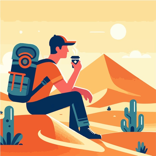 hiking people sitting in mountains vector illustration