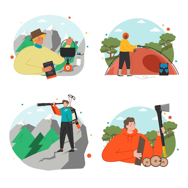 Vector hiking scene set flat travelers and hikers vector