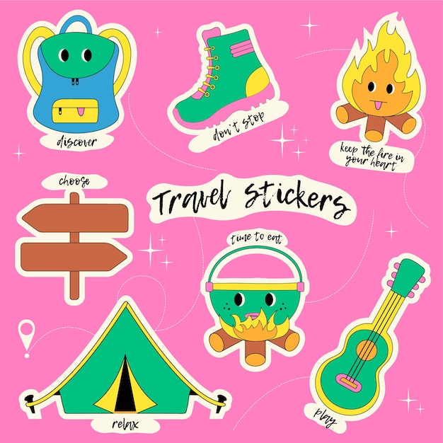 Hiking stickers.set of camping items,tent,backpack,guitar,campfire,boot,pointer.vector illustration.