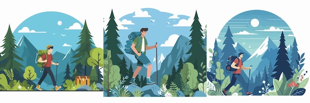 Hiking and trekking concept young man hiking in the forest flat vector illustration