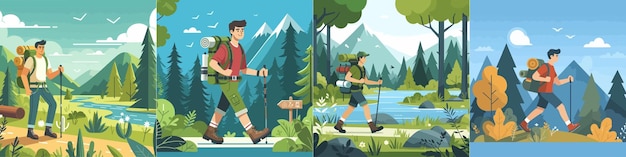 Hiking and trekking concept young man hiking in the forest flat vector illustration