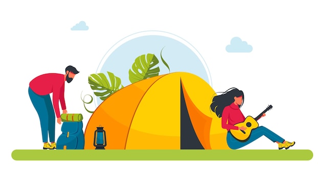 Vector hiking. woman, man couple hiking in the woods with tent, guitar. friends with a backpack on a journey. trip or adventure. tourist characters on vacation. seasonal vacation, adventure travel concept.