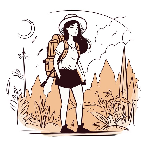 Hiking woman with backpack in the mountains in sketch style