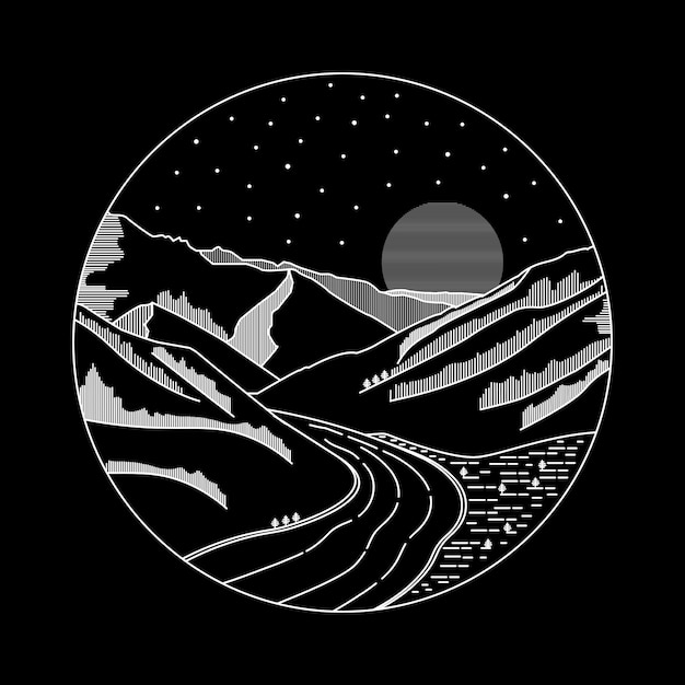 Hill Mountain and river in mono line art design for tshirt sticker patch etc