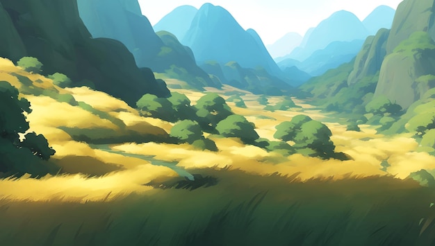 Hill and Mountains Nature Scenery During The Day Detailed Hand Drawn Painting Illustration