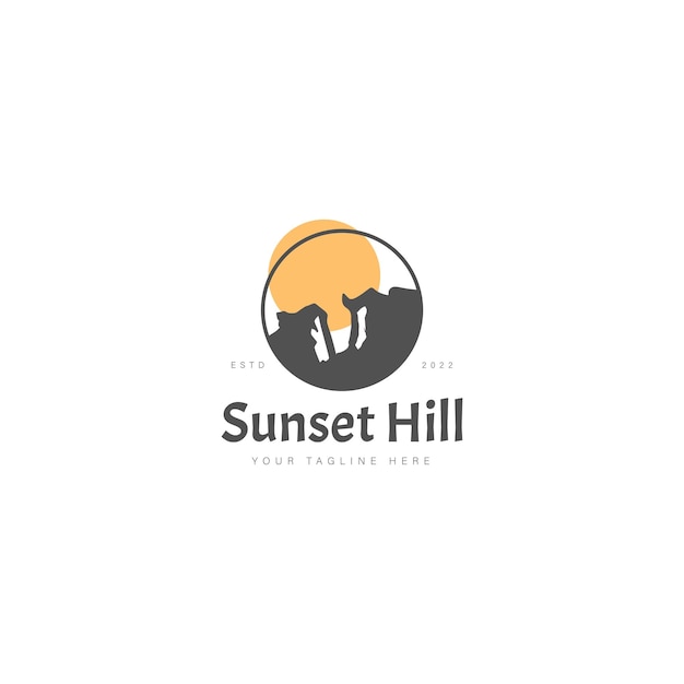 夕日のロゴデザインアイコンイラストと丘の岩