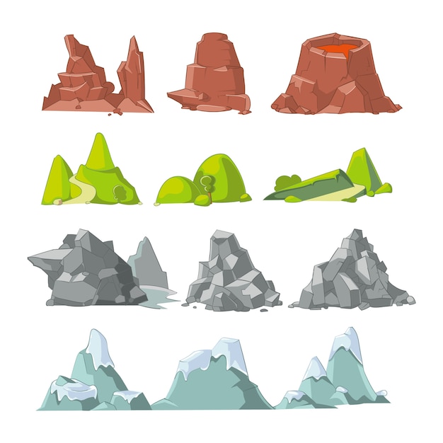 丘と山の漫画のベクトルを設定します。丘の自然、屋外の風景の要素、岩雪のイラスト