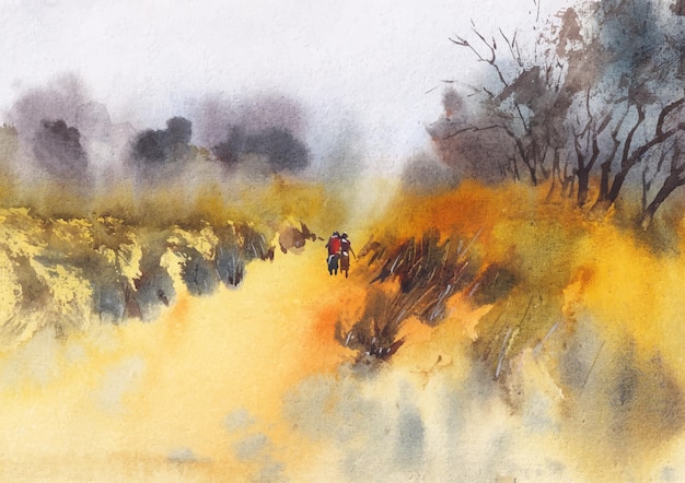 Hillside walking road watercolor painting