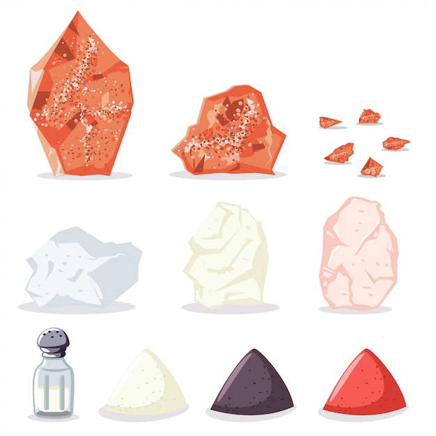 Himalaya roze en steenzout, suiker, peper en andere kruiden. icon set van ruwe mineralen voor het koken geïsoleerd