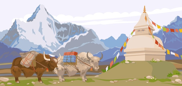 Himalayan yaks with a load on their back a buddhist stupa decorated with flags mountain landscape