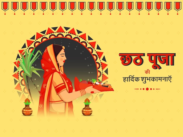 Hindi lettering of happy chhath puja with indian woman holding full worship soop traditional pots kalash and sugarcane on yellow background