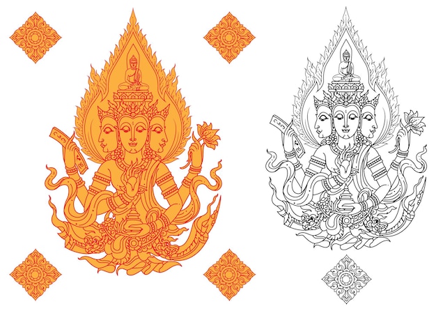 Vector hindoe god brahma grafische tattoo illustratie