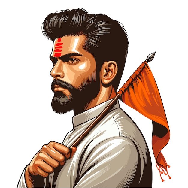 Vector hindoe-man en oranje tilak met een saffraan bhagva vlag in zijn hand vector illustratie jay shree r