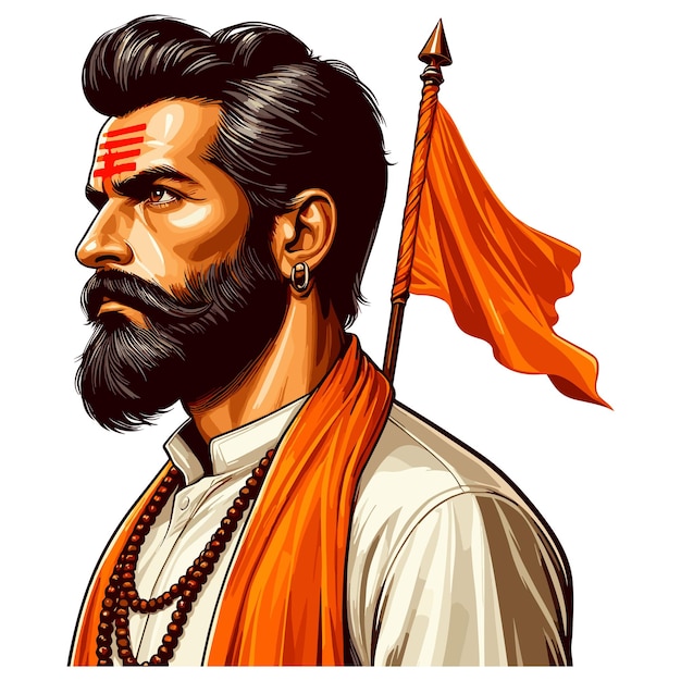 Hindoe man met oranje tilak en dhoti en kurta een saffraan vlag in zijn hand vector jay Shree ram