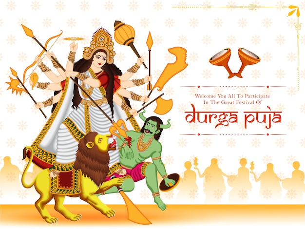Hindoe mythologische illustratie van godin Durga op Durga puja