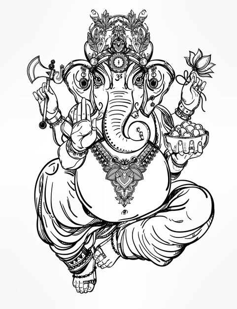 Vector hindu elephant head god lord ganesha patron of arts sciences vintage decorative vector elements isolated hand drawn paisley background indian hindu motifs tattoo yoga spirituality textiles