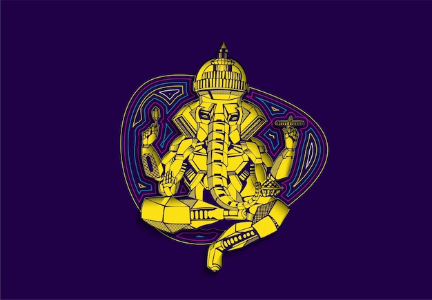 Hindu God Yellow color Abstract line art Ganesh  elephant illustration