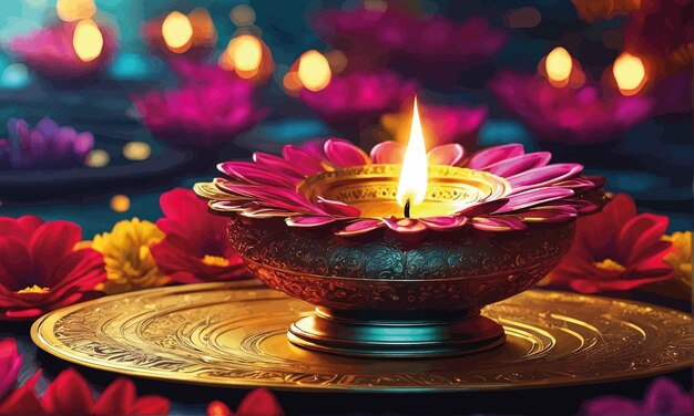 Vector hindu hindu festival burning candles with flowers and flowershindu hindu festival burning candles