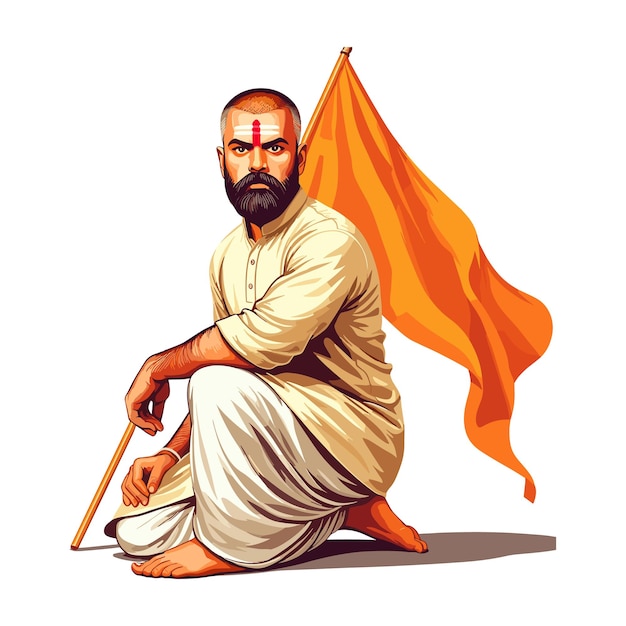 Vector hindu man with orange tilak and dhoti and kurta a saffron flag in his hand vector jay shree ram