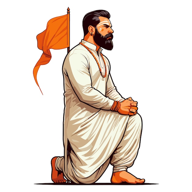 Vector hindu man with orange tilak and traditional dhoti and kurta a saffron flag in his hand vector jay s