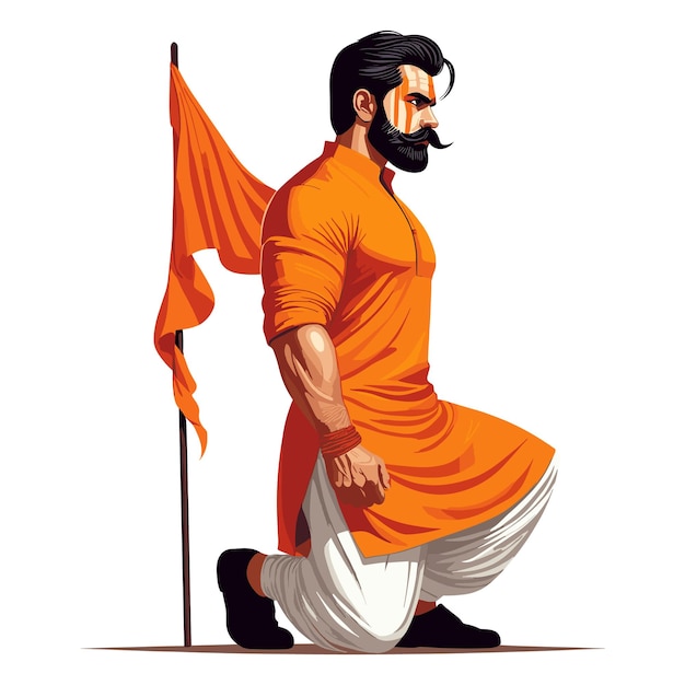 Hindu man with orange tilak and traditional dhoti and kurta a saffron flag in his hand vector jay s