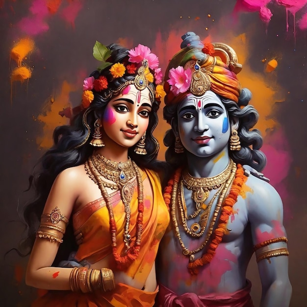 Hindu mythological couple Krishna and Radha in Holi festival