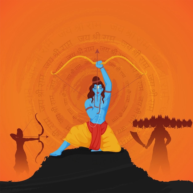 Vector hindu mythology lord rama fighting between ravana on orange jay shri rama hindi text pattern background.