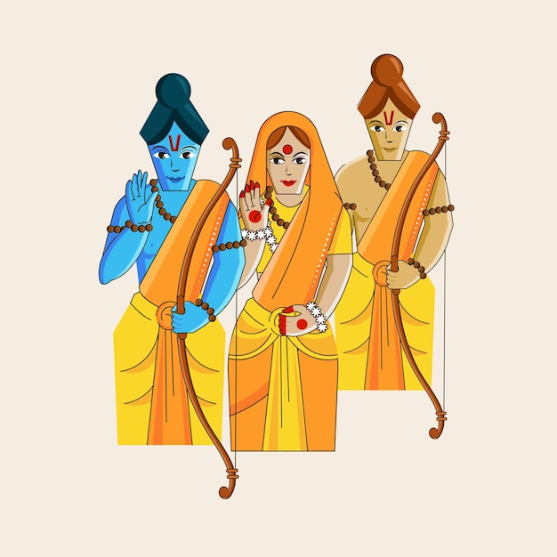 ヒンズー教の神話主ラーマと彼の妻 sita 弟ラクシュマナ ベージュ色の背景に祝福を与える