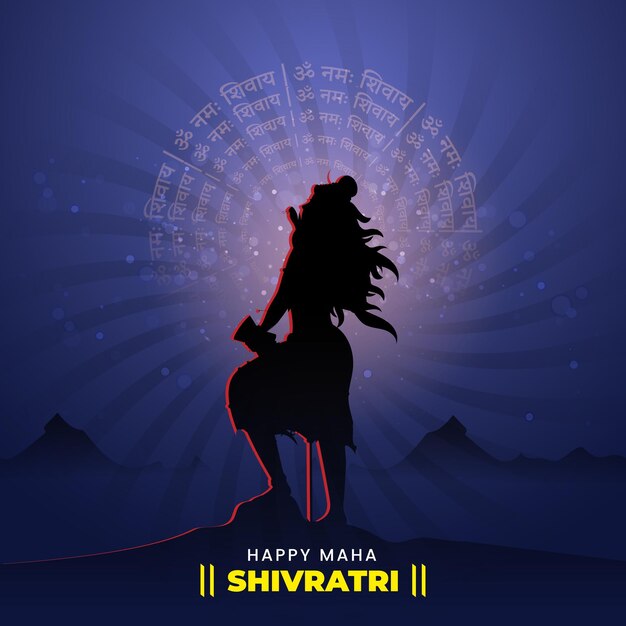 Vector hindu mythology lord shiva standing over mountain with rounded om namah shivaya text on blue rays background for maha shivratri celebration concept