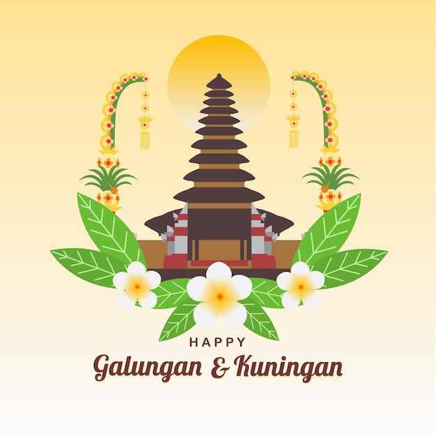 Vector hindu temple in bali galungan celebration greetings