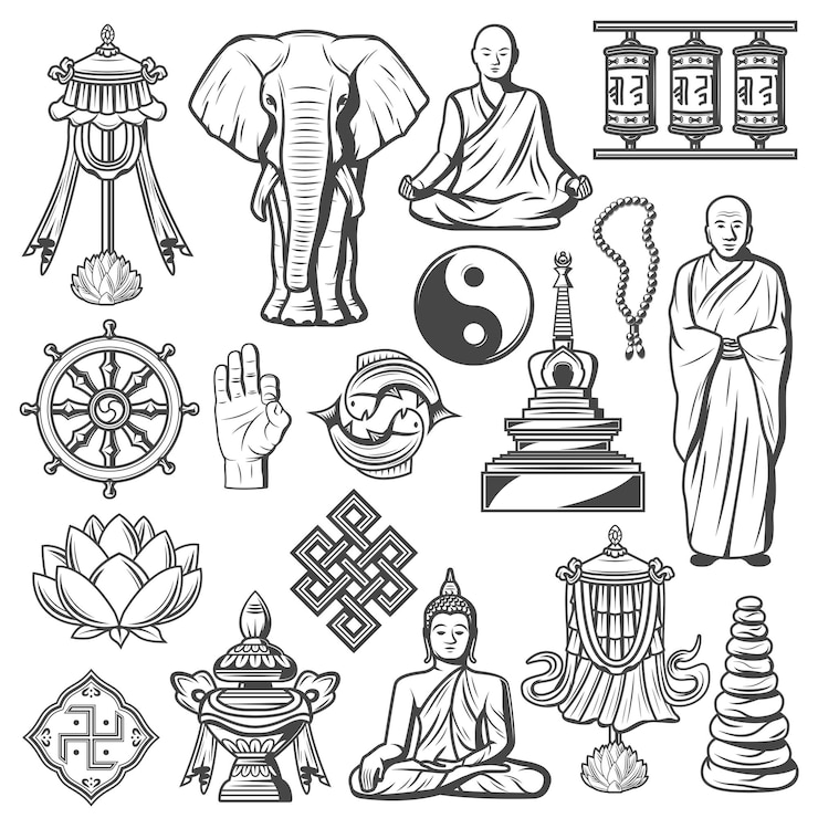 Vector hinduism and buddhism signs and icons isolated set