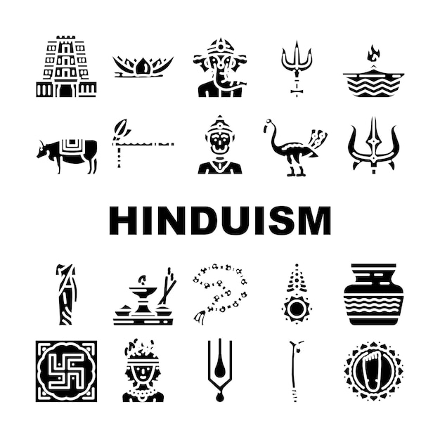 Vector hinduism hindu god om icons set vector india krishna sculpture indian statue lord vishnu religion vedic deity hinduism hindu god om glyph pictogram illustrations