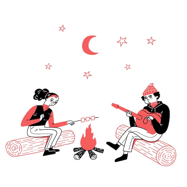 Vector a hip couple is camping roasting marshmallows playing guitar relaxing atmosphere