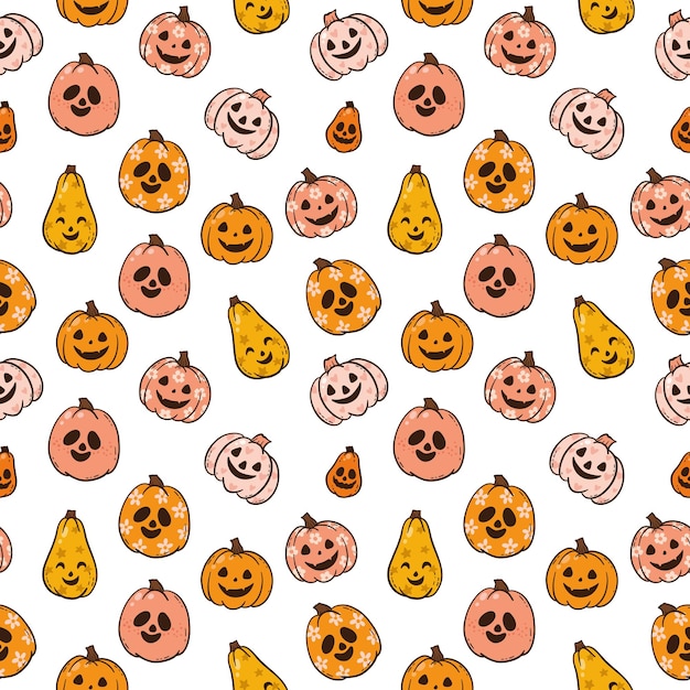 Vector hip halloween-patroon met pompoenen in retro jaren '70stijl illustratie van hippie des