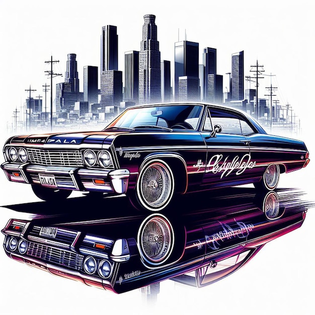 Vector hip hop gang gangster boss la los angeles skyline vintage lowrider custom chevy impala car pic