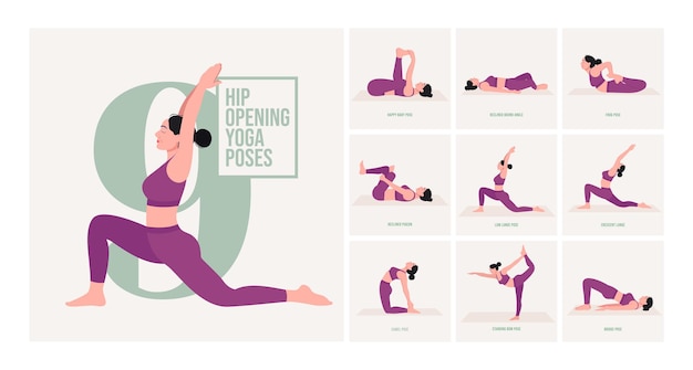 Vector hip opening yoga poses young woman practicing yoga poses