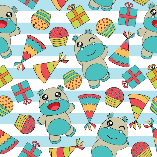 Vector hipopotamus and gifts pattern background