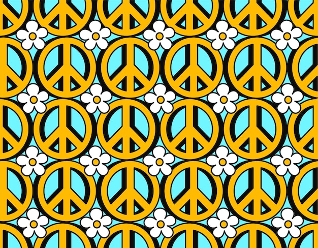 Hippie 70s pacifistisch symbool en bloemen naadloos patroon. vector hand getrokken lijn doodle cartoon afbeelding behang. trippy 70s lsd print, 60s pacific circle, hippie symbool naadloos patroon concept