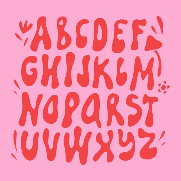 벡터 히피 보헤미안 액체 그루비 현대 펑키 글꼴 알파벳 1960년대 버섯과 꽃 문자