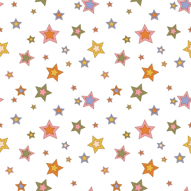 Hippie Christmas groovy seamless pattern with different cartoon stars on white background in retro style 1960s 1970s