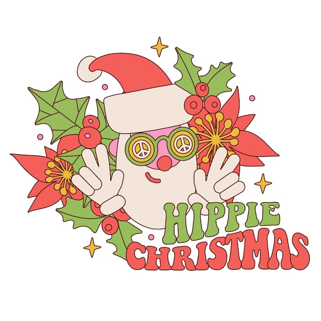 Hippie christmas quote with santa face in retro style s s nostalgic poster or card groovy santa in p