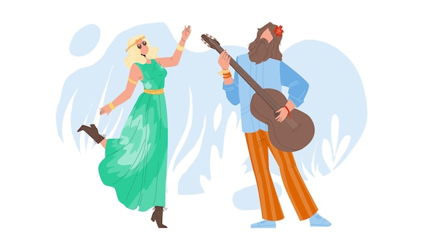 Hippie couple dancing and playing on guitar vector. young man and woman hippie performing on musician instrument and dance together. characters funny leisure time flat cartoon illustration