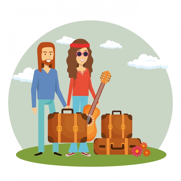 Hippie couple with baggage and a guitar