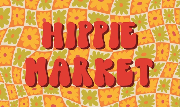 Hippie funky vibe stijl uithangbord slogan Hippie markt festival Vintage 1960-1970 Hippie retro achtergrond Symbool retro print