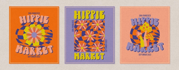 Hippie funky vibe style template Vintage 19601970 Hippy retro background Symbol retro print